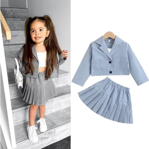 2021 1-6Y Fashion Kids Baby Girl Formal Suit 3pcs Blue Solid Long Sleeve Suit Cardigan+Vest Crop Top+Pleated Skirt Spring Fall