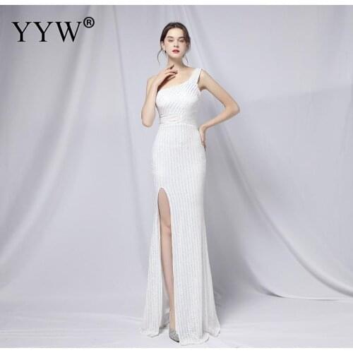 White Elegant One Shoulder Sequined Evening Dress Women Sleeveless High Right Slit Cocktail Party Gowns Formal Mermaid Long Robe