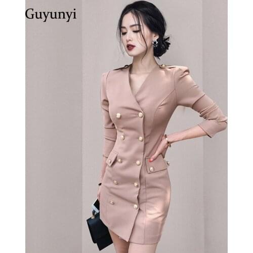 Elegant Office Lady Dress 2021 Autumn Plain V-Neck Wrist Sleeve High Waist Tight Dress Double Breasted Jacket Style Mini Dress