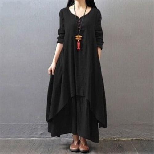 Winter Black Red White Linen Dress Elegant Women Plus Size Maxi Long Dress Long Dress Loose Vintage Solid Casual O-Neck Vestidos