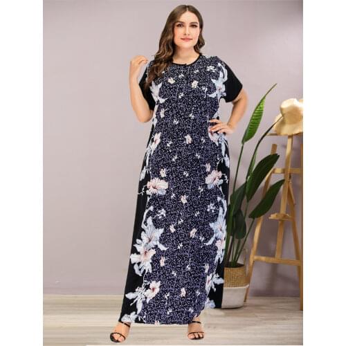 New Summer Muslim Women Dress Patchwork Maxi Dress Plus Size Short Sleeve Muslim Arabic Turkey Vestidos Kaftan Islamic Clothing