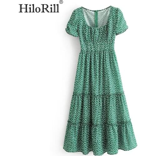 HiloRill Floral Print Beach Maxi Dress Summer Short Sleeve Pleated Long Dress Women Square Collar Loose Casual Dress Sundress