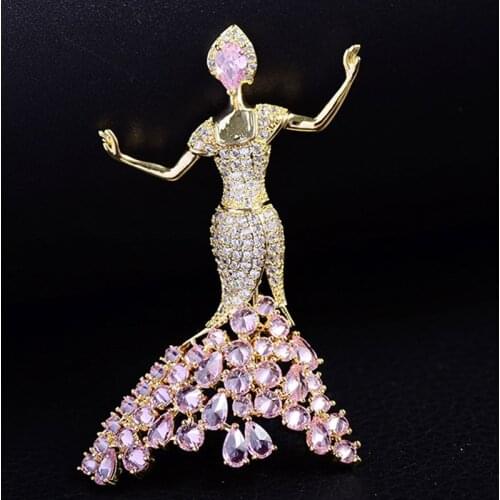Zlxgirl bridal jewelry Golden And pink zirconia Dance Girls brooch jewelry womens high-end party gifts gold copper scarf pins
