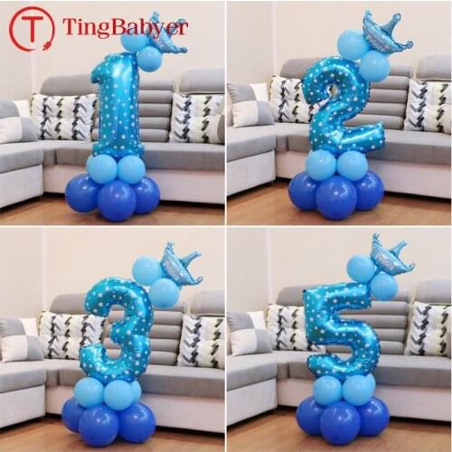 15pcs Blue Number Crown Foil Latex Balloons Happy Birthday Party Decoration Kids Baby Boy Prince 1st 1 2 3 4 5 6 7 8 9 Years Old