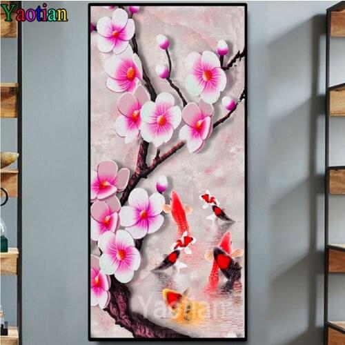 5D DIY Diamond Painting Koi fish pink peach blossom landscape Full Drill Embroidery Cross Stitch Kit Diamond Mosaic Home Decor