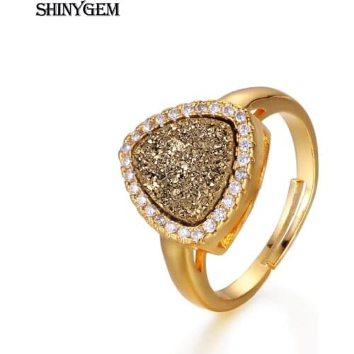 ShinyGem Elegance Triangle Natural Crystal Druzy Stone Rings Micro Inlay Zircon Delicate Gold Plating Bezel For Women Wedding