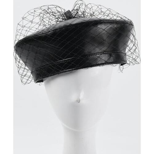 Fibonacci Black Beret Hats For Women Sweet Beanie Artist Berets Fashion Hat Street British Retro Mesh PU Leather Painter Cap