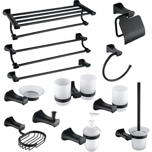 Black Zinc Stainless Steel Toilet Paper Holder Wall Hook Towel Hanger Rack Soap Dish Glass Cup Bathroom Organizer WC Accessories