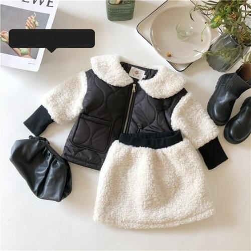 DFXD 2020 Winter Kids Clothes Girls Clothing Sets Lamb Woolen Patchwork Thick Pan Peter Collar Jacket Coat+Skirt Childrens Set