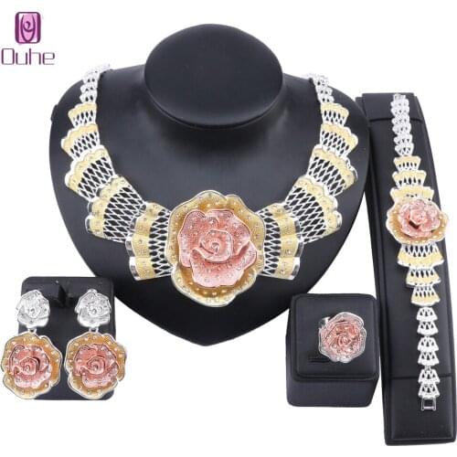 Dubai Gold Rose Flower Crystal Jewelry sets for Women Necklace Bangle Earring Ring Italian Bridal Sets Wedding Accessories