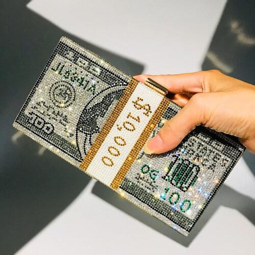 YoReAi Money Clutch Rhinestone Purse 10000 Dollars Stack Of Cash Evening Handbags Shoulder Wedding Dinner Bag 8 Color Party Bags