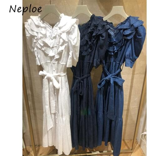 Neploe 2021 Summer New Ruffle Long Dress V Neck Women Vintage Short Sleeve Lady Vestidos Denim Robe with Sashes Belt
