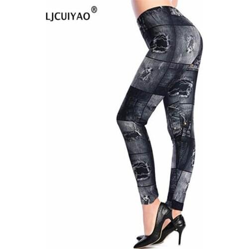 LJCUIYAO Fake Denim Ripped Jeggings Printed Polyester Spandex Leggings Female Slim Imitation Hole Print Skinny Pencil Trousers