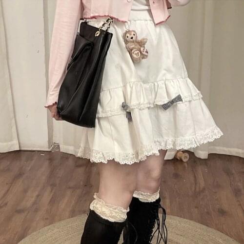 Sweet preppy style French lace tutu skirt female summer new ulzzang Harajuku Kawaii solid color bow high waist cute mini skirt