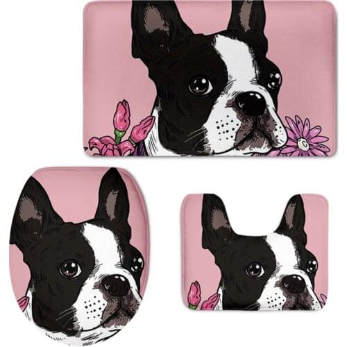 Cute Boston Terrier/Dachshund Cartoon Pattern Toilet Accessories Bathroom Anti Slip Shower Pad Soft Toilet Seat Cover 3pcs/set