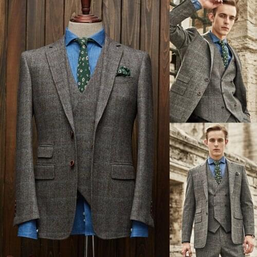 Mens Blazers Glen Plaid Groom Tuxedos Two-Button Groomsmen Custom Made Best Man Suit Handsome 3 Pcs Suits (Jacket+Vest+Pants)