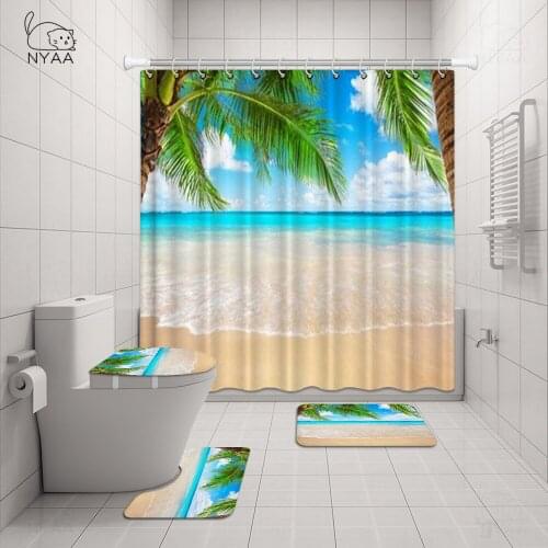 NYAA Bathroom Set Conch Beach Style Waterproof Shower Curtain Non Slip Bathroom Rug Toilet Lid Cover 4-pieces Floor Mat Bath Mat