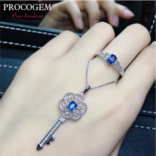 Natural Sapphire Jewelry sets for Women Party gifts with Real gemstones with Key Pendants 925 Sterling Silver Free shipping #499