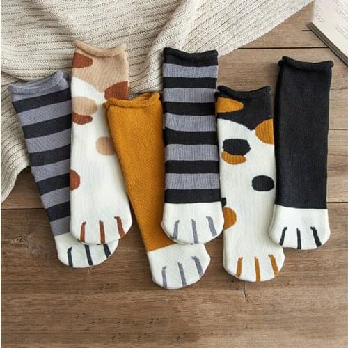 Cartoon Cat Claw Socks Women Cute Stripe Plus Wool Thicken Socks Long Winter Warm Funny Socks Calcetines колготки женские
