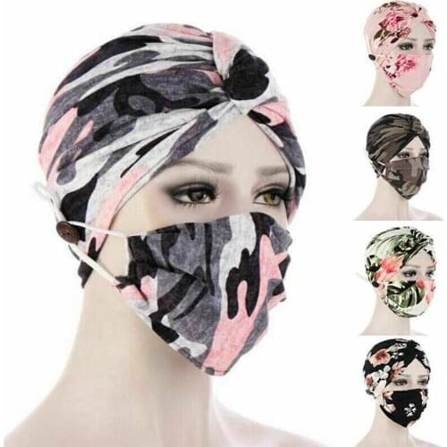 2021 New Fashion Floral Printing Twisted Hooded Cap Mask Set Women Anti-seize Button Muslim Turban Wrap Skullies Hat