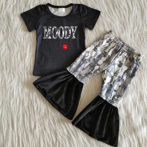 Spring new arrived Moody Black outfits baby girls short sleeves shirt bell bottom pants Kids sets boutique Children clothes