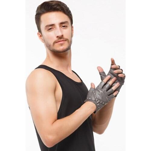 Men Driving Motorcycle Genuine Leather Gloves Half-finger Gloves Hip-hop Sports Morning Exercise Real Sheepskin Gloves AGD024