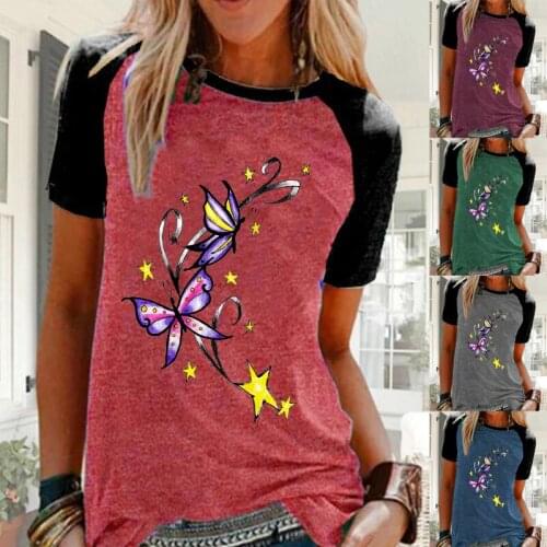 Plus Size S-5XL Women Casual Raglan Sleeve Shirts Heart Printed Round Neck Ladies Fashion Loose T-shirt Short Sleeve Blouse Tops