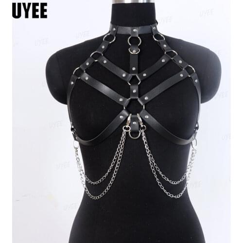 UYEE Sexy Women Chest Chain Club Suspender PU Leather Harness Belt Body Neck Bondage Gothic Strap Underwear Sexy Lingerie Garter