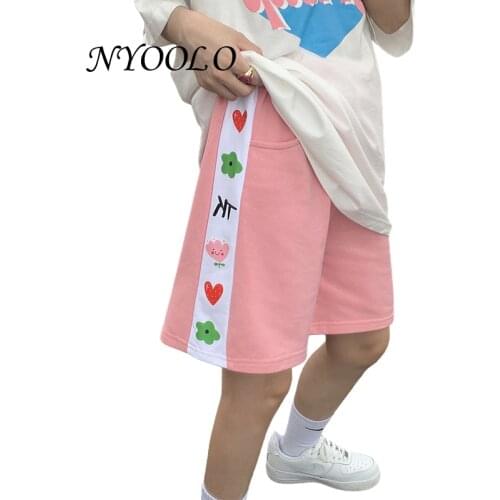 NYOOLO Harajuku Streetwear Flower Print Patchwork Elastic High Waist Shorts Women Kawaii Clothes Summer Sweet Girls School Wear