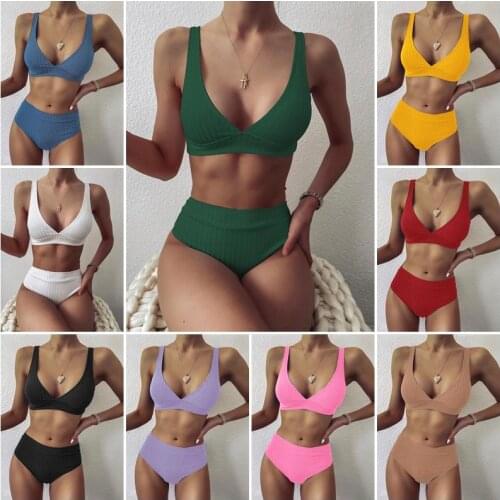 Sexy solid ribbed bikinis 2021 mujer High waist swimsuit women V neck swimwear female Sport bathing suit Stripe biquini