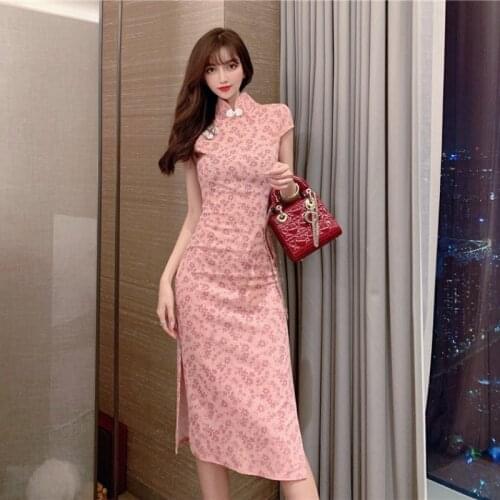 Vintage Bodycon Dress Party Evening Elegant Summer Pink Floral Summer Style Stand Woman Dresses Fashion Brand Ladies New