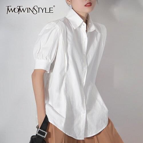 TWOTWINSTYLE Minimalist Joker Womens Summer Blouses Lapel Puff Sleeve White Casual Shirt Female Fashionable New Clothing 2021