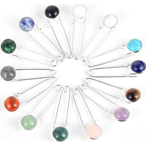 Women Men 12mm Natural Stone Tiger Eye Amethysts Brooches Labradorite Turquoises Bag Hat Clothes Lapel Pins Brooch Badge Jewelry