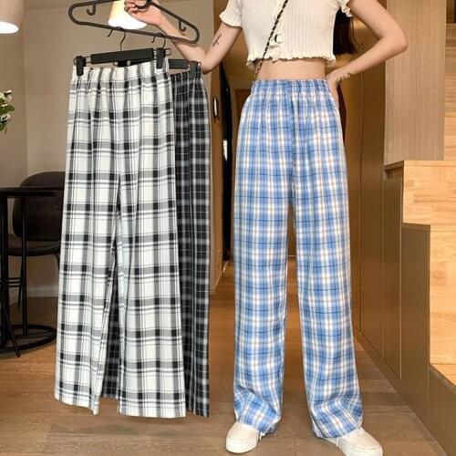 Lady Fashion High Waist Checkered Straight Trousers Women Women Pants Plaid Print for Office