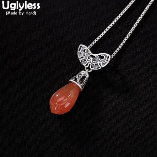 Uglyless Real Solid 925 Sterling Silver Natural Agate Magnolia Pendants for Women Ethnic Abstract Butterfly Necklaces NO Chains