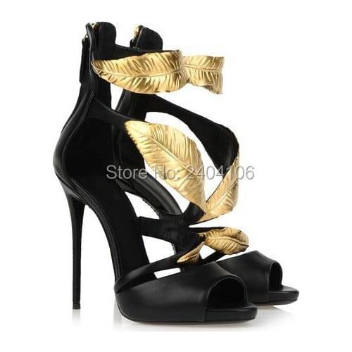 Zapatos Mujer Gold Leaf High Heeled Sandals Summer Shoes Woman Black White Peep Toe Party Pumps Platform Gladiator Sandalias