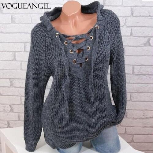 Womens Sweaters Autumn Pullover Bandage Sexy V-neck Womens Top Cross Strap Large Size Lace-up Sweater