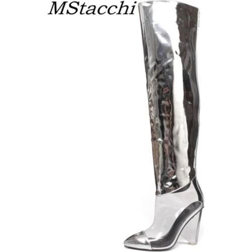 MStacchi Women Winter Transparent Over The Knee Boots Woman Pointed Toe 12CM Crystal High Heel Pump Fashion Silver Ladies Boots