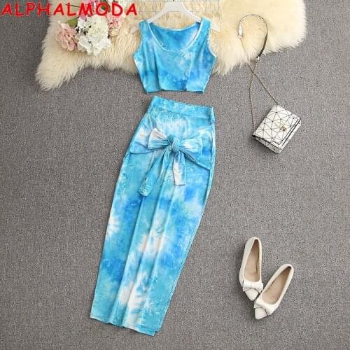 ALPHALMODA 2021 Feminine Womens Tie-dyed Strechy Cropped Tank Top + Side Slit Bow Sashes Pencil Skirt 2pcs Fashion Suit