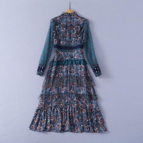 2021 Spring Summer Dress Long Sleeve Crew Neck Beads Lapel Panelled Fashion Runway Womens Dress SH