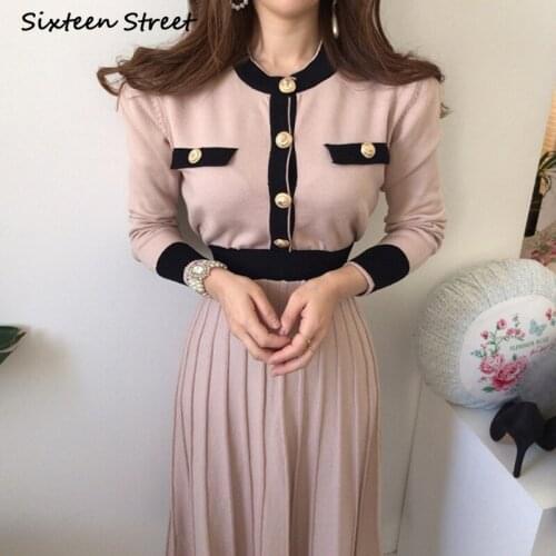 Knitted Dress for Women Autumn Winter O Neck Button High Waist Vestido De Mujer Y2k Chic Sweater Female Korean Fashion Clothing