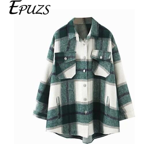 2020 Womens Coats and Jackets Oversized blue green plaid jacket retro Winter Jackets Female Vintage loose Coats