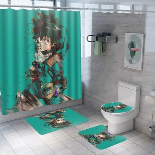 3D My Hero Academia Shower Curtain Set Waterproof Washable Polyester Bath Curtain Anti-slip Rugs Toilet Lid Cover Bath Mat Set