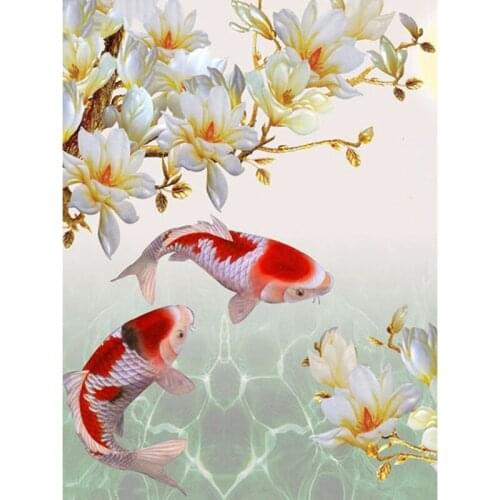 5D Diamond Painting Full Drill Round Carp and Flower Mosaic DIY Diamond Painting Cross Stitch Fish Embroidery Home Decor