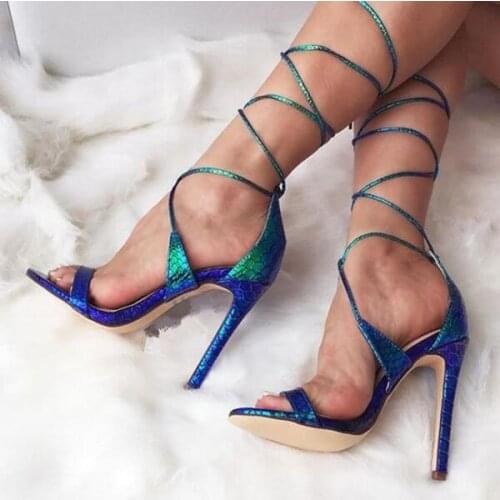 Sexy Blue Snakeskin Leather Ankle Strap Women Sandals Peep Toe Cut-out Cross Tie-up Gladiator Sandals Women High Heels Summers