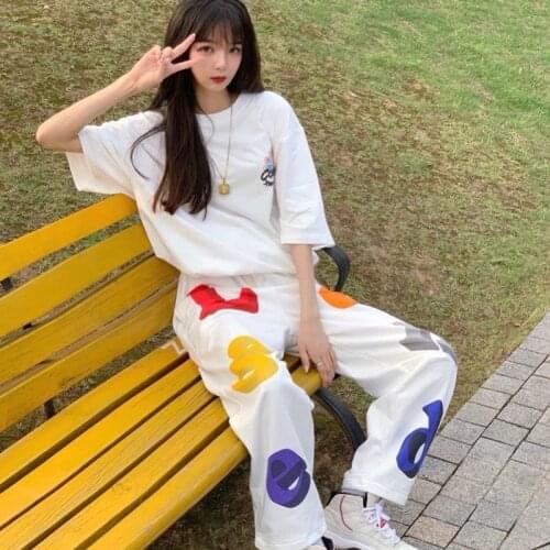 Womens Casual Letter Printed Hip Hop Pants Spring Summer Loose Wide Leg Straight Pants Drawstring Waist Long Trouser For Women