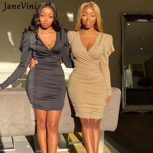 JaneVini Black Sexy V Neck Bodycon Dresses 2021 Women Fashion Puff Long Sleeve Clothing Lady Casual Solid Slim Mini Ruched Dress
