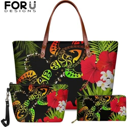 FORUDESIGNS Hot Sales Shoulder Bags Women Hawaii Couple Turtle Hibiscus Tropical Design Ladies Soft Handbags And Pu Wallet 2Set