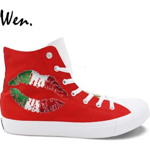 Wen Unisex Adult Design Hand Painted Canvas Shoes Italy Flag Lip Print Pattern High Top Sneakers Boy Girls Athletic Shoes