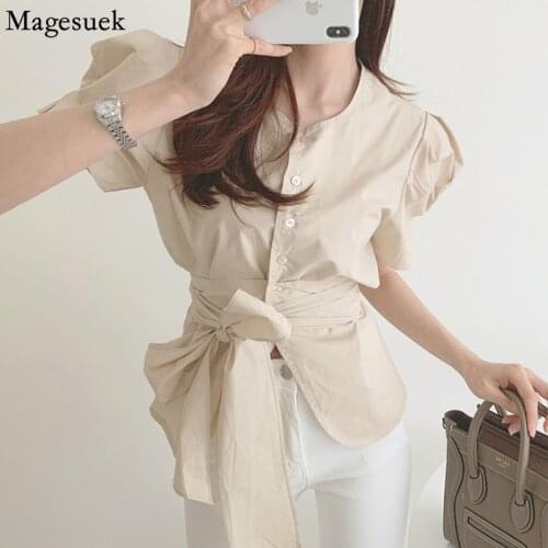Korean Style Short Sleeve Ladies Shirt Summer O Neck Puff Short Sleeve Blouse Women OL Bandage Waist Slim Bow Shirt Top 15049